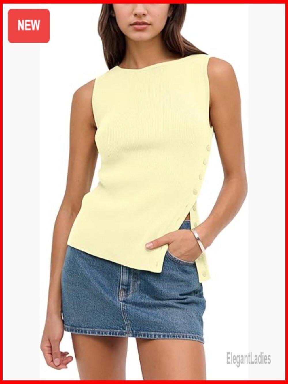 Asymmetrical Side Button Slit Hem Sweater Vest Ribbed Knit Tank Top